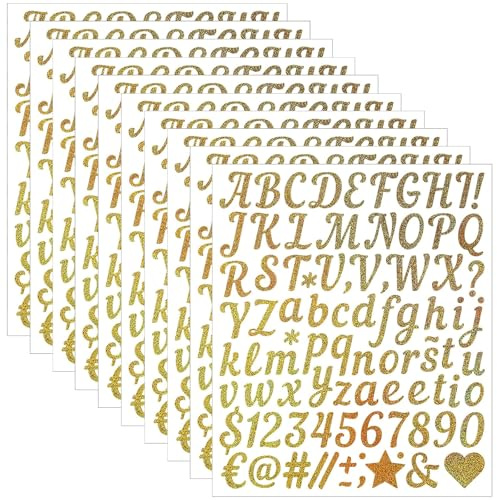 10 Pieces Gold Letter Stickers, 880 Alphabet Stickers, Sticker Letters, Durable Self Adhesive Letters Suitable for Invitation Cards Water Bottles Scrapbooks or Other Crafts