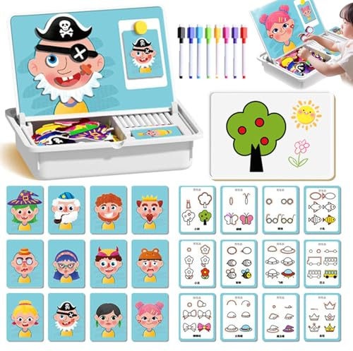Magnetische Dress-Up-Puzzles für Kinder, Magnetpuzzles Gesicht verkleiden Reisespiel, Lustige Gesichter Magnetspiel mit Zeichenbrett und Stift, Magnetische Puzzle Lernspiel für Kinder (A)