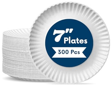 300 Pack 7 inch Disposable Paper Plates, Strong White Paper Plates Perfect for Everyday use, Ideal for BBQ's, Parties and Events, 100% Compostable Biodegradable Recyclable Plates.