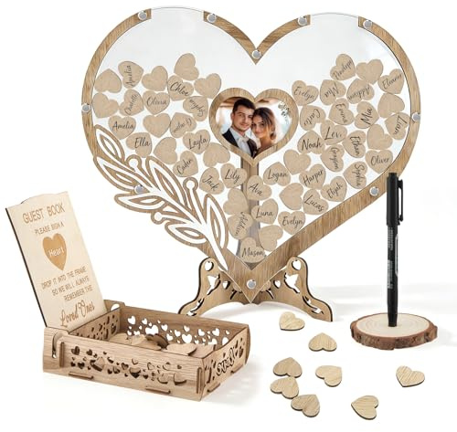 Gästebuch Hochzeit Holz | Personalisierte Alternative mit 100 Herzen & Bilderrahmen | Nachhaltige Hochzeitsdeko & Baumfreund-Baum zum Beschriften für Erinnerungen | Gästebuch Alternative aus Holz