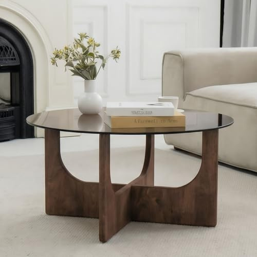 Cagnolier Table Basse Ronde en Verre Trempé et Bois Massif Noyer, Design Contemporain avec Base Sculptée, 60x60x43 cm (Grande Taille)