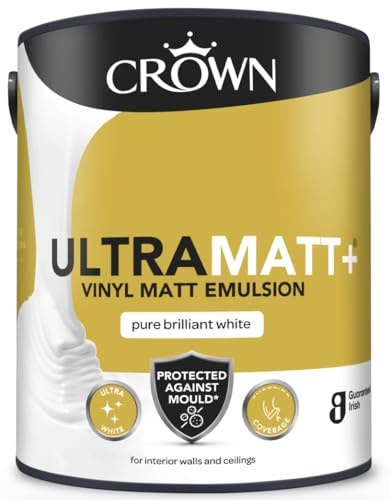 Crown Ultra Matt Plus Vinyl Matt Emulsion Paint for Walls & Ceilings, Pure Brilliant White, Anti-Mould, High Coverage, 5L