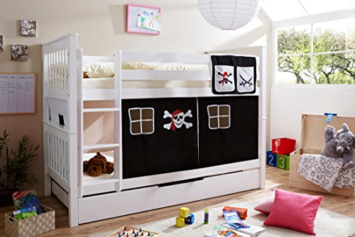 Etagenbett Doppelbett Stockbett Sammy teilbar Kiefer massiv Weiss, Vorhangstoff:Pirat Schwarz Weiss