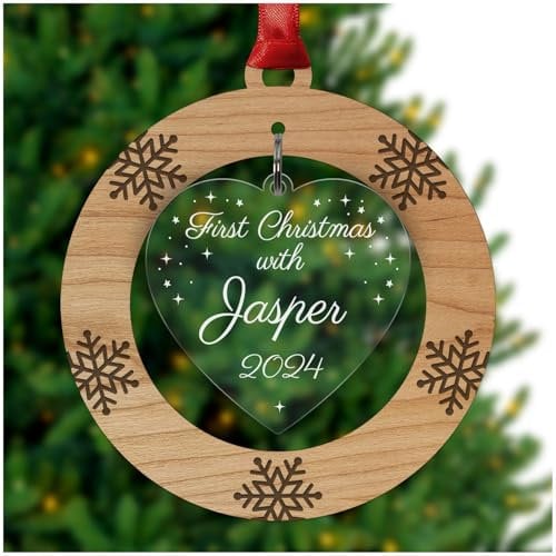 Dogs or Cats First Christmas Tree Ornament Bauble - Cherry Veneer and Acrylic Engraved Christmas Tree Decoration - Pets Keepsake Christmas Gifts