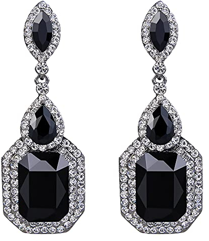 Clearine Damen Ohrclips Kristall Vintage Eelegant Kronleuchter ohne ohrlöcher Ohrringe für Hochzeit Braut Schwarz Silber-Ton
