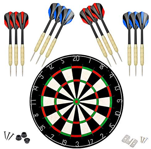 LinkVisions Sisal-/Bristle-Dartscheibe mit klammerfreiem Bullseye, 45,2 x 3,8 cm, inkl. 12 Stahlspitzen-Darts (18 g) und Montageset