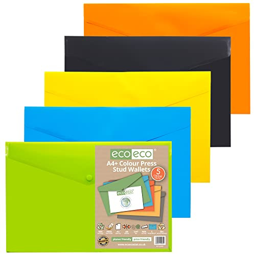 eco-eco A4+ 50% Recycled Assorted Colours Press Stud Popper Wallet, Plastic Folders (Pack of 5), eco035