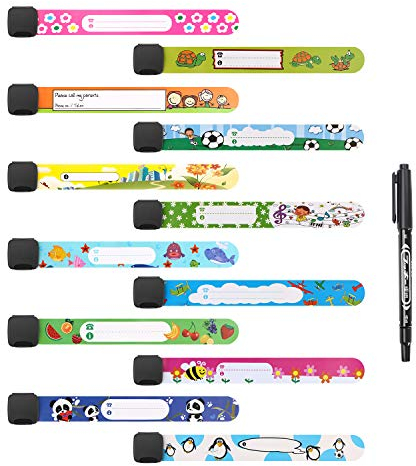 Vicloon Notfall-Armband für Kinder, 12 Stück SOS Armband mit 1 Marker Stift, ID Armband, Kinder Namensarmband Wasserdichtes Wiederverwendbares für Jungen, Mädchen & Kleinkind Baby