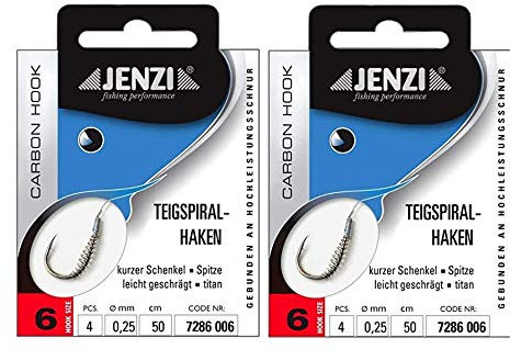 .Jenzi Set: 2 Packungen Teigspiralhaken Forellen-Haken, Teighaken gebunden (8 Stück) Hakengröße 6 + gratis Petri Heill! Aufkleber