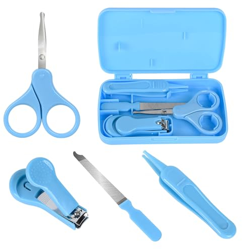 Econtal Baby Nagelpflegeset 4-in-1 in Blau, Baby Nagelknipser, Nagelschere, Nagelfeile, Nasenpinzette | Nagelset für Kleinkind, Neugeborene, Kinder