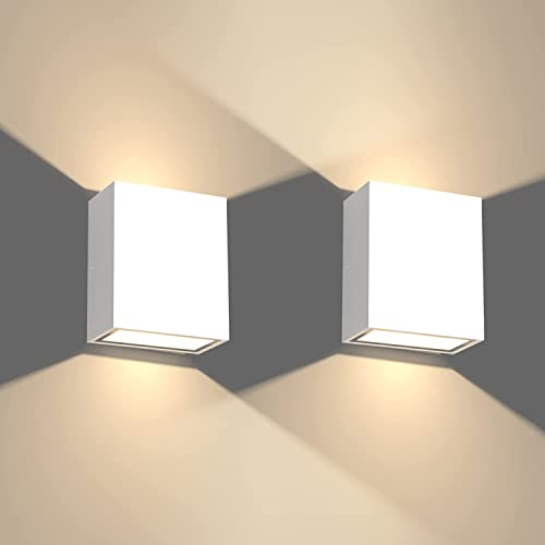 Klighten 2 Stück LED Wandleuchte Außen Innen 7W Up Down Aussenleuchte Wasserdicht IP65 Wandbeleuchtung Modern Wandlampe aus Aluminium für Eingang Wohnzimmer Garten, 2700-3000K Warmweiß, Weiß