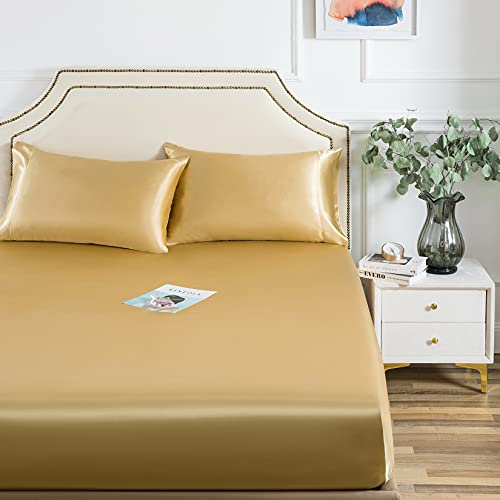 Satin-Spannbetttuch, nur Spannbetttuch, 1 Stück, ultraweich, tiefe Tasche, Einzelbett, Seideboden, voll – Gold