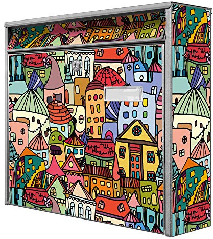banjado® Burg-Wächter® Briefkasten mit Motiv Funky Town/Briefkasten ohne Zeitungsfach 32x36x10 cm groß/Briefkasten mit Namensschild A4 Einwurf inkl. Montagematerial & 2 Schlüsseln