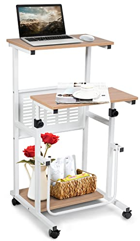 GOPLUS Laptoptisch auf Rollen, Stehpult mit höhenvertsellbarer Ablage, Platzsparender Stand-Up-Computertisch mit Mtetallgestell, Stauraum und Fußstütze, belastbar bis 23 kg, Natur