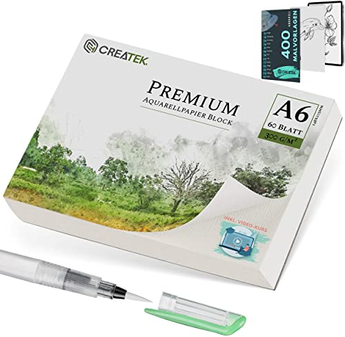 CreaTek Aquarellpapier A6 300g mit 60 Blatt [ Premium Qualität für brillante Aquarelle ] Naturweiß & Kaltgepresst Aquarellblock A6 inkl. Gratis Zubehör & Videokurs - Aquarellpapier Karten