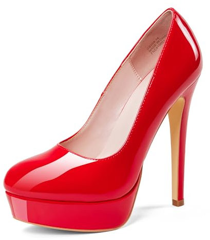 GENSHUO Plateau Pumps Damen Geschlossene 5.5 Zoll/14cm Stilettos High Heels Lack Plateau Prom Party Frauen High Heels Schuhe Rot Größe 40.5 EU