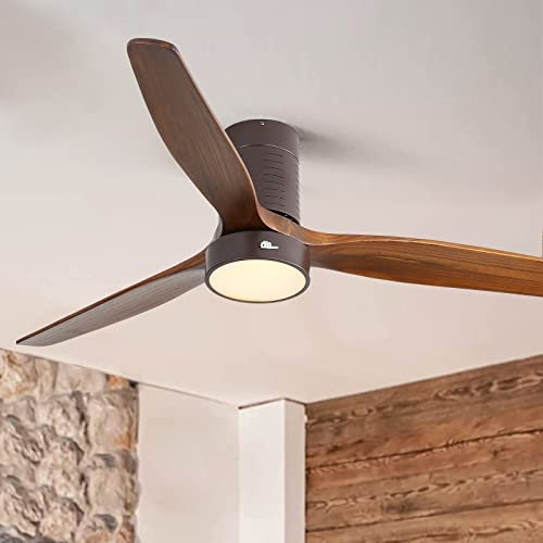 Sofucor Low Profile Ceiling Fan with Lights Flush Mount Ceiling Fan with Remote Control 52 Inch Wood Ceiling Fan 3 Reversible Dark Wood Blades Noiseless DC Motor
