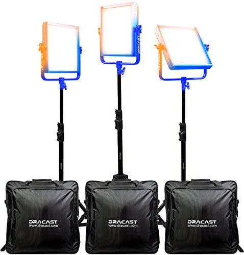 Dracast Plus Series LED1000 Lot de 3 éclairages bicolores avec panneau lumineux, trépieds | 3200 K – 5600 K vidéo photo LED | Réglage en continu 0 à 100 % | CRI TLCI 96+ | DMX Lampe de studio avec
