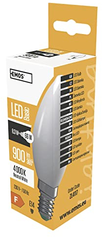 EMOS LED-Lampe Kerze 8,3W Ersatz für 66W Glühbirne, E14 Sockel, Helligkeit 900 lm, Neutralweiß 4000K, 20000 h Leuchtdauer, CRI min. 80, 220° Abstrahlwinkel