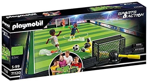 PLAYMOBIL Sports y Action 71120 Campo de fútbol, Futbolín para niños, 2 porteros, 2 futbolistas con función de Patada, 3 balones de futbolín, Juguetes para niños a Partir de 5 años