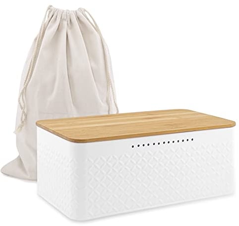 anshuke Panera con tapa de bambú, función 2 en 1, se puede utilizar como tabla de cortar, de acero al carbono para una larga frescura, fiambrera y bolsa de pan (blanco, 33,2 x 19 x 13 cm)
