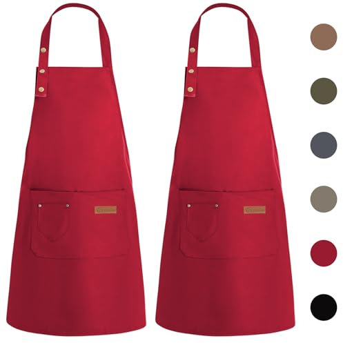 WENYA Paquete de 2 delantales de cocina unisex ajustables con bolsillos, delantal de lona impermeable para el hogar, cocina, restaurante, cafetería, granate, Talla única