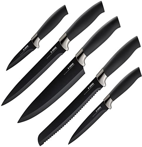 Judge Kitchen Knife Set & Knife Holder, 5 Piece Black Knife Set with Non-Slip Handles, Black Knife Block with Knives