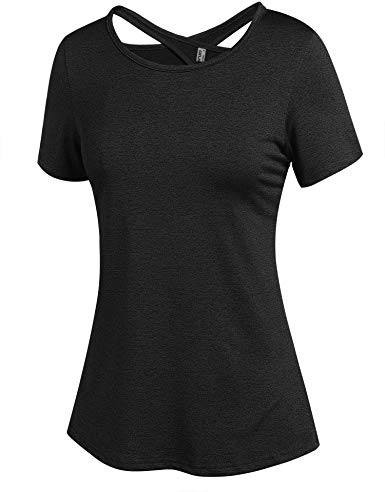 ADOME Sport Oberteile Damen Funktionsshirt Damen Kurzarm Laufshirt Rundhals Schnell Trocken Yoga Fitness Shirts Oberteile Backless Top Schwarz M