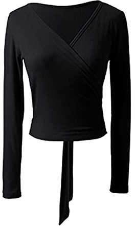 TSSOE Damen Ballettjacke Tanzjacke Bolero Langarm Tanzoberteil Wickeljacke Wickel Tops Ballett Tanz Yoga Gymnastik T-Shirt Tanzbekleidung Dancewear A Schwarz L