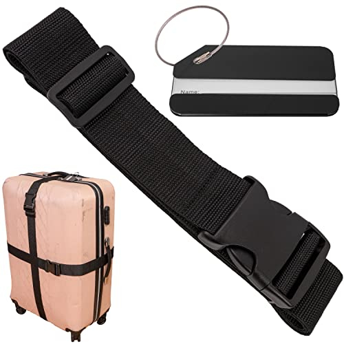 Kofferband Set mit Kofferanhänger, 200 cm Gurtband mit Schnalle für mehr Sicherheit, in Schwarz, mit Namensschild, Koffergurte mit Adressschild zum Reisen und Fliegen, Kofferspanngurte, Gurt Koffer