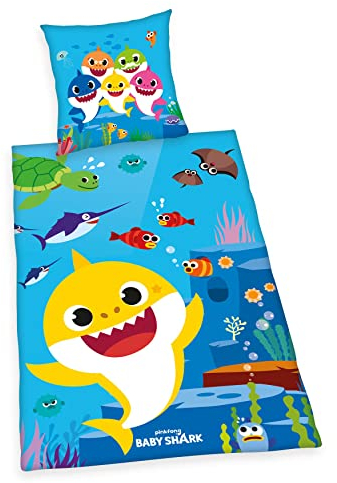 Herding Baby Shark Bettwäsche, Kopfkissenbezug ca. 80x80 cm, Bettbezug ca. 135x200 cm, mit Knopfleiste, 100% Baumwolle, Renforcé