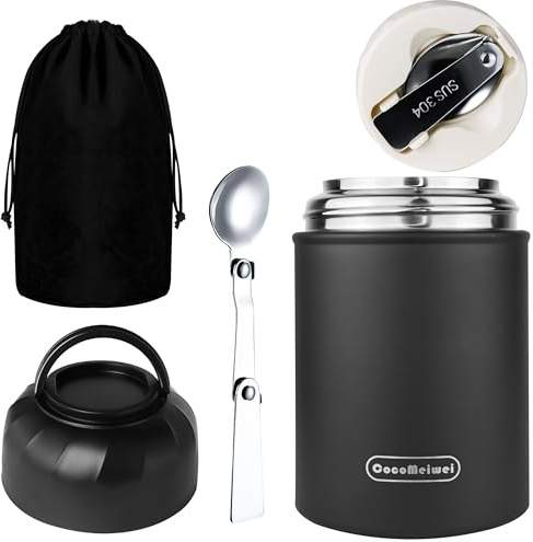CocoMeiwei Thermo for Hot Food & Drinks, Thermo Lunch Box, 17oz Vacuum Insulated Food Container with Spoon&Drawstring Bag, Soup Thermo for Adults, Black
