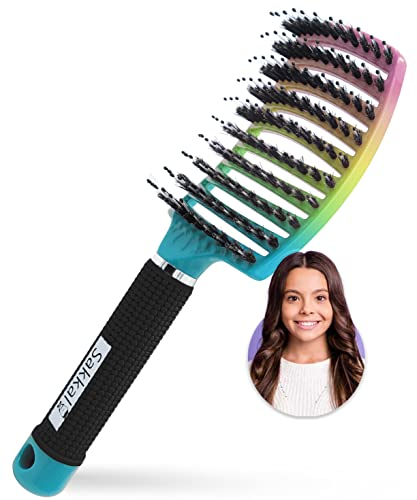 Haarbürste Haarstyling Bürste für Lange Feine Dicke Lockige Haare ohne Ziepen, Profi Entwirrungsbürste Griff, Wildschweinborsten detangler kinder entwirrburste damen herren entwirren (Regenbogen)