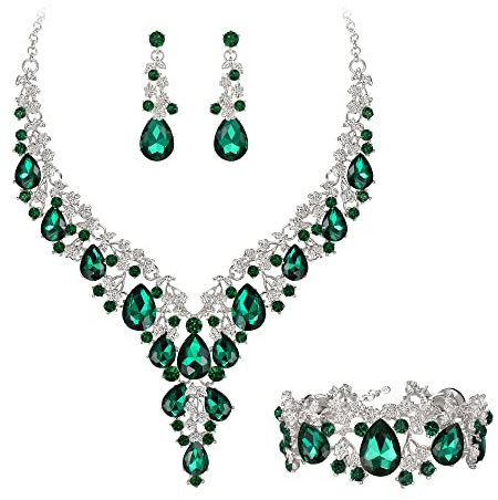 Clearine Damen Hochzeit Braut österreichischen Kristall Teardrop Blume Cluster Statement Halskette Ohrringe und Armband Schmuck-Set für Prom Smaragd Farbe Silber-Ton