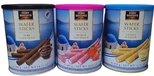 Waffelröllchen-3er-Set, 1x Dunkle Schokolade, 1x Erdbeere, 1x Vanille