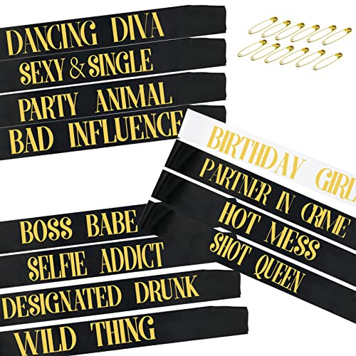 12PCS Birthday Sash for Women Girls,Birthday Satin Sash Set Birthday Gift,11 Pcs Black with 1 Pcs White Birthday Girl Sash Gold Text for Birthday Parties, Decoration