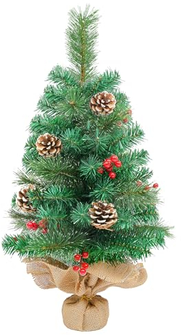 Weihnachtsbaum klein 60cm, Uten Tannenbaum Künstlich Deko mit Beeren und Tannenzapfen, Zementbasis, Christbaum Tischdeko