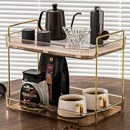 YCIA&DONE Coffee Bar Accessories, Station Organizers,Large Capacity Storage with Drain Board,Whisky Tray,Mug Tea Cup Holder Coffee Bar Organizer,Amber Gold