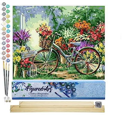 Figured'Art Peinture par Numéro Adulte Fleurs et Vélos - Activité Manuelle Kit de Loisir Créatif DIY Numéro d'Art Complet - 40x50cm avec châssis en bois à monter