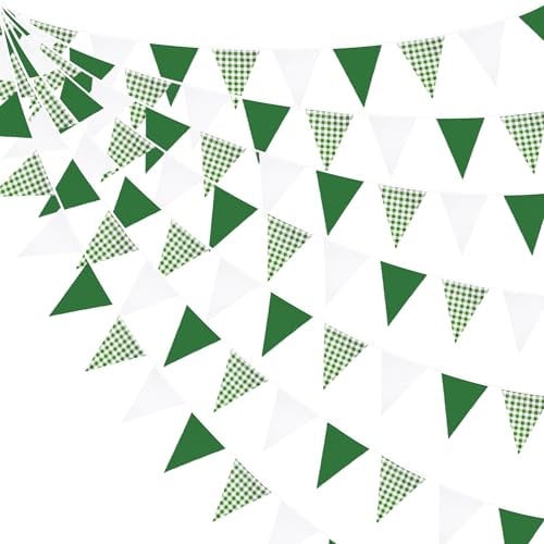 32Ft Green White Plaid Fabric Bunting Banner Party Decorations Checkered Triangle Flag Gingham Pennant Garland for Wedding Birthday Baby Shower Dinosaur Arbor Day Golf Picnic Outdoor Garden Decor