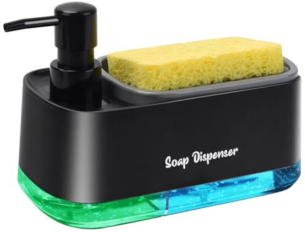 Ensemble distributeur de savon à vaisselle et distributeur de savon pour les mains avec porte-éponge, distributeur de savon 3 en 1 avec double pompe à savon pour évier de cuisine – Noir