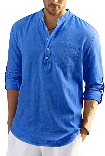 Enlision Mens Blue Cotton Linen Shirts Long Sleeve Shirt Button Down Henley Shirts Lightweight Casual Plain Tops for Men 3XL