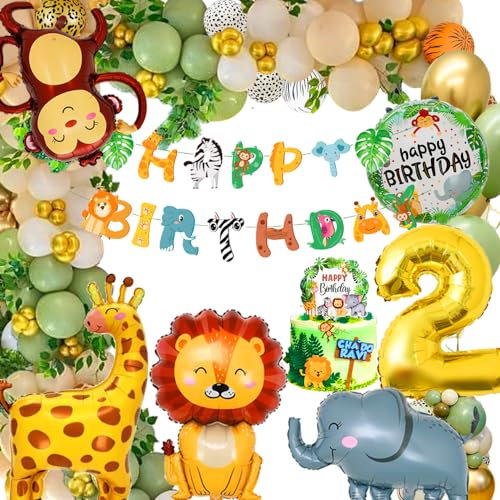 Geburtstagsdeko 2 Jahr Jungen Mädchen, Dschungel Safari Luftballons 2 Jahr Geburtstag mit Tierfolie Ballons Banner für Kindergeburtstag party Deko