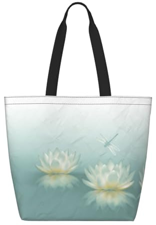 KSANNNS Bedruckte multifunktionale Einkaufstasche aus strapazierfähigem Papier, umweltfreundlich, wiederverwendbar, Motiv: Sommerferien, Libelle mit Seerose, Einheitsgröße