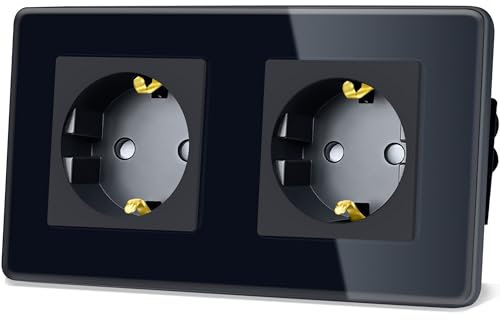 TAWOIA Schuko Steckdose, EU-Standard 2 Fach Unterputz Mit 2,5D Curved Glas Platte, Wandsteckdosen Schwarz 86 * 157mm
