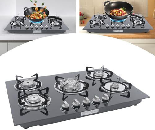 77 * 51 * 7cm Fünfflammige Gasherd YUNRUX Edelstahl Einbau-Gasherd Energiesparende Gaskochfeld Kochplatte LPG Gaskocher Herdplatte Kochfeld für Propangas Gas-Herd für Küche, Camping & Wohnmobil