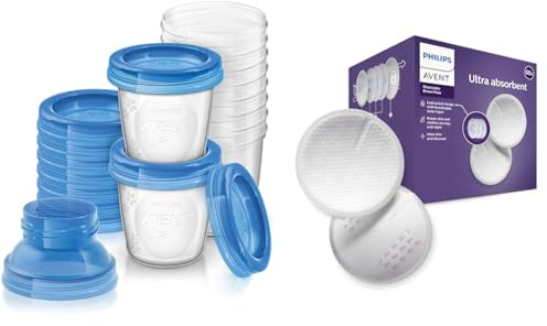 Philips AVENT Système de Conservation du Lait Maternel, Pots de Conservation180 ml, Couvercles Vissables et Adaptateur & 60 coussinets d'allaitement jetables - jour et nuit (modèle SCF254/61)
