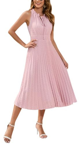 Odizli Sommerkleid Damen Lang Elegant Sexy Ärmellos Schweizer Punkt Swing A Linie Plisseekleid Festlich Hochzeit Hochzeitsgast Abendkleid Midikleid Damenkleid Frühling Sommer Freizeitkleid Rosa XL