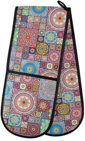 Moroccan Bohemian Mandala Double Oven Gloves Heat Resistant Pot Holder Oven Mitt Gloves for BBQ Cooking Baking Grilling Microwave