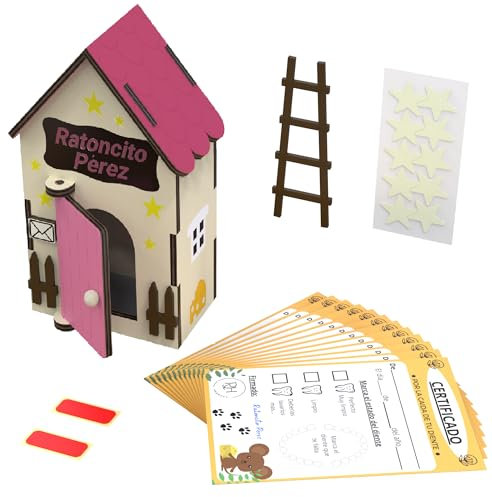 Casita Ratoncito Pérez - Puerta Mágica y Caja de Dientes de Leche para Niños - Madera Rosa